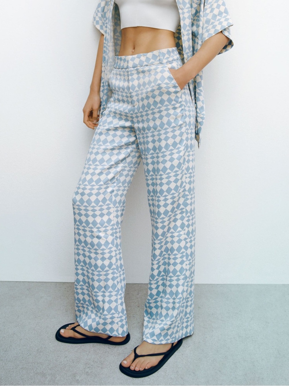 Zara Blue & Cream Geometric Silky Wide-Leg Pants